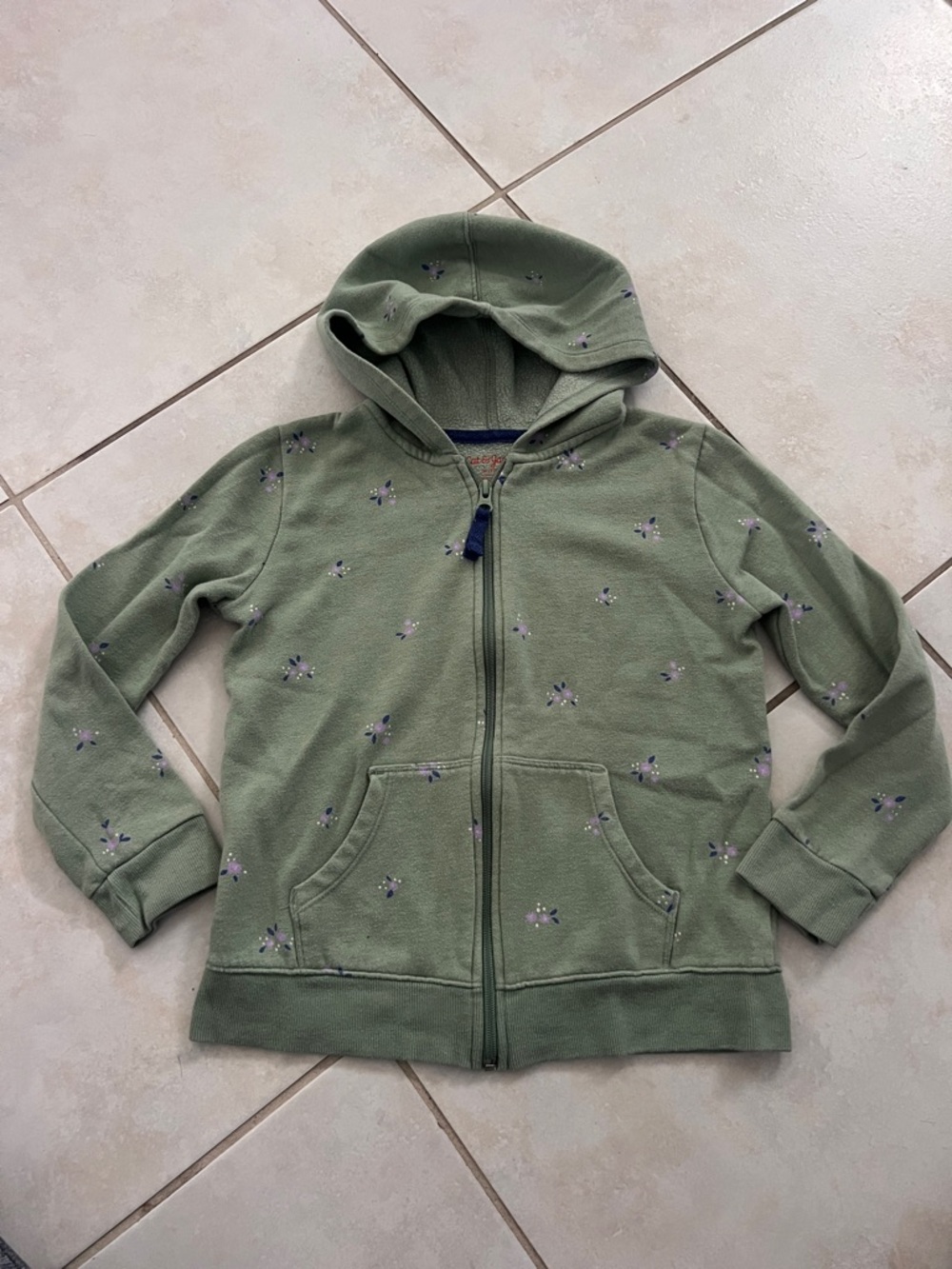 Cat & Jack Olive Green Hooded Zip Sweatshirt with Lilac Floral Accents